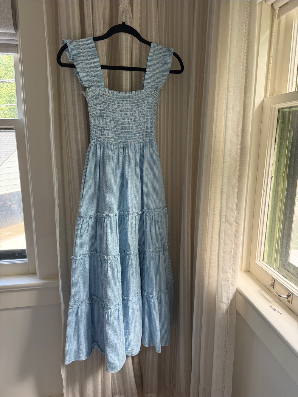Kourt Light Blue Smocked Tiered Midi Dress